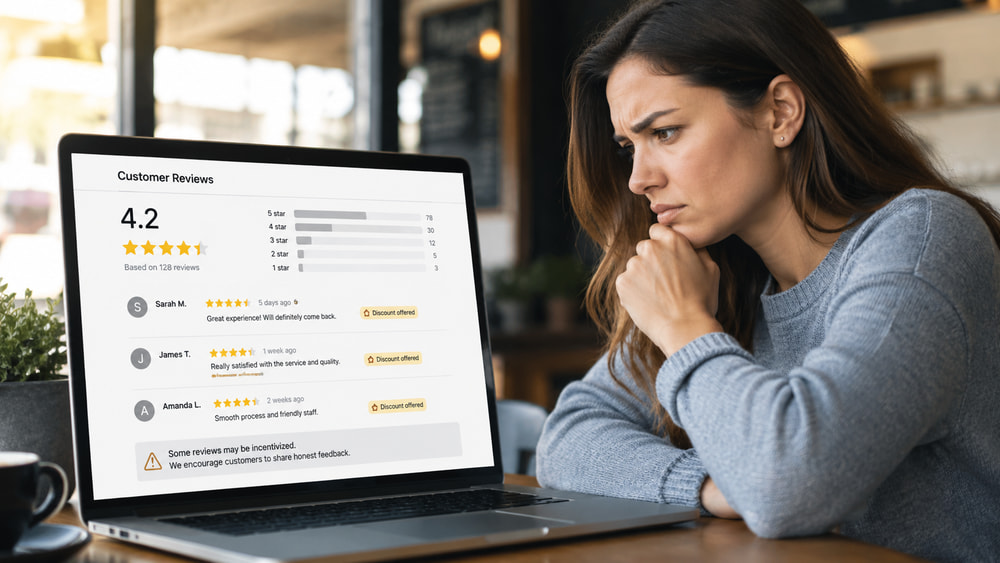 Customer looking skeptical while reading online reviews that appear to be influenced by discounts
